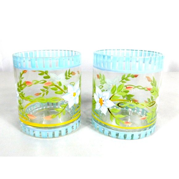 Hand Painted Capriware Glasses Set 2 Floral Pattern Flowers Barware Drinkware - Picture 8 of 10